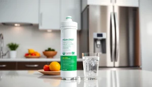 AQUA CREST DA97-17376B Replacement for Samsung DA97-08006C water filter showcased in a modern kitchen, symbolizing purity.