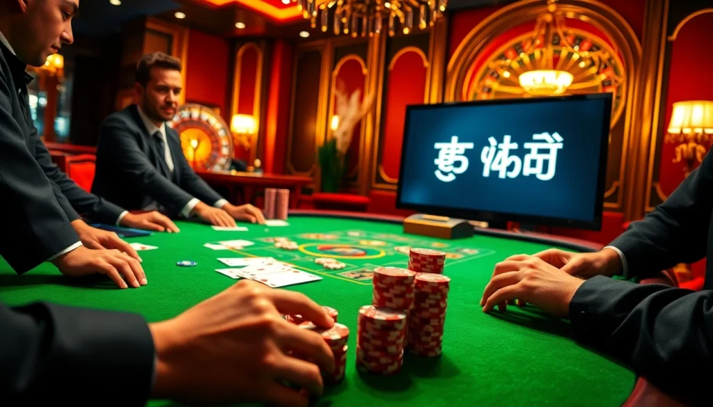 Players enjoying a high-stakes poker game featuring רמי אונליין elements with vibrant chips and cards.