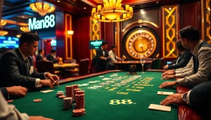 Players engaging in a poker game at Man88 casino, showcasing excitement and luxury in gambling.