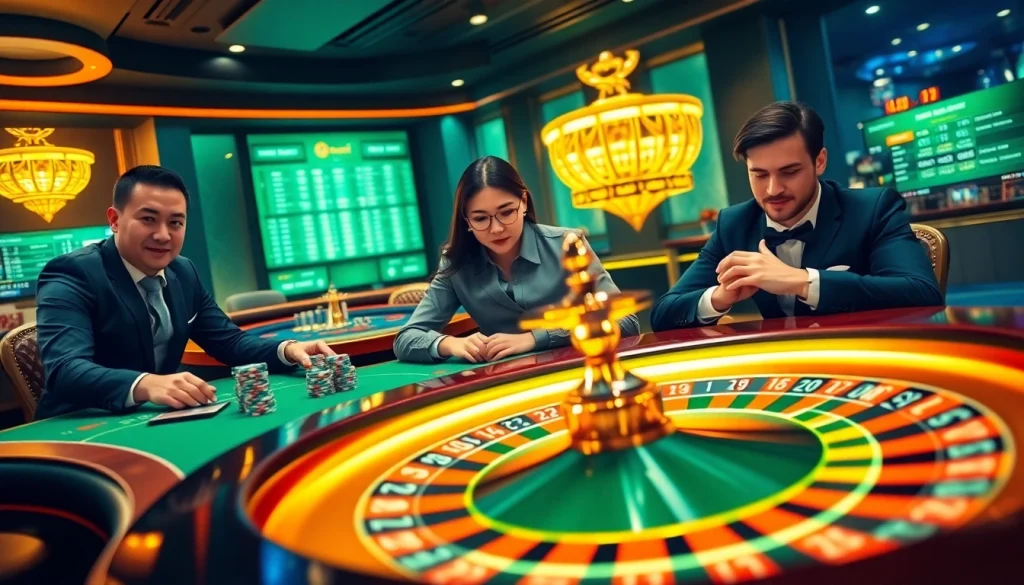 Exciting online gambling scene representing mk8th.net with poker chips, roulette wheel, and engaged players.