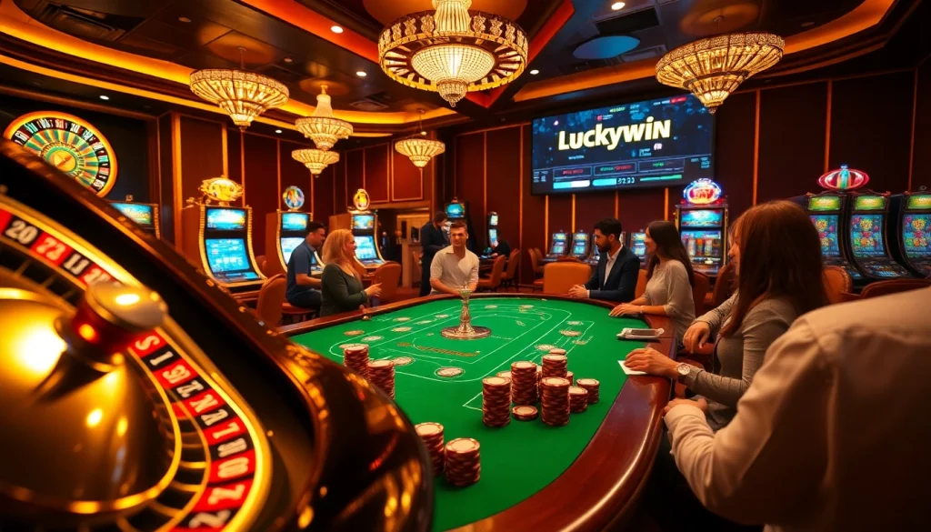 Experience the thrill of Luckywin Casino with vibrant games, excited players, and glowing slot machines.