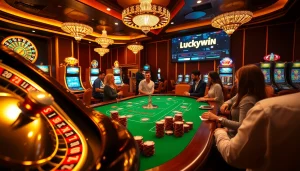 Experience the thrill of Luckywin Casino with vibrant games, excited players, and glowing slot machines.