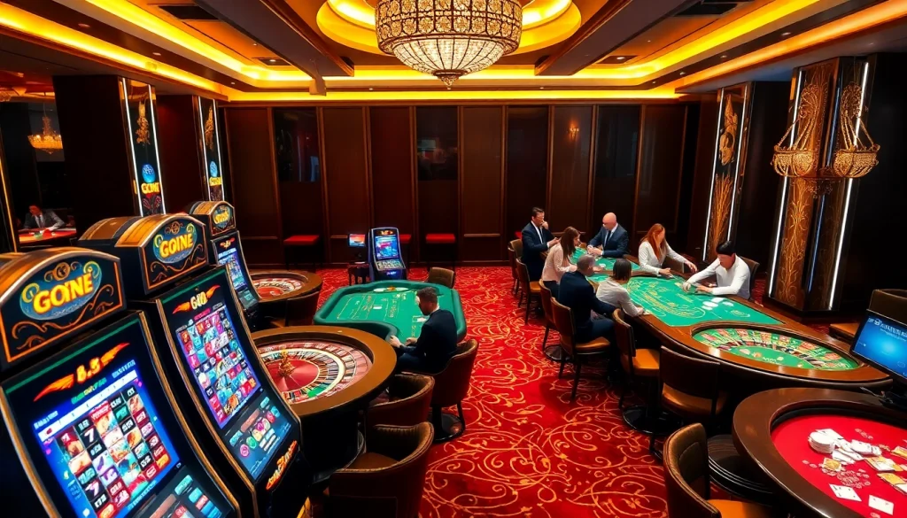 Engaging scene from Trang chủ GO8 featuring gamblers at high-stakes tables with poker chips and cards.