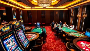 Engaging scene from Trang chủ GO8 featuring gamblers at high-stakes tables with poker chips and cards.