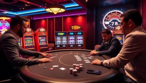 Intense poker action at a casino table with 789p branding, featuring vibrant chips and cards.