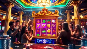 Winning at the slot zeus machine in a lively casino atmosphere with excited players.