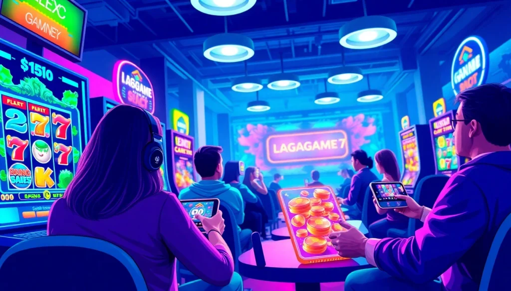LAGAGAME77 online gaming scene showcasing vibrant slot games and excited players