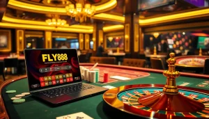 Engage in high-stakes action at FLY88's luxurious casino tables featuring poker and roulette games.