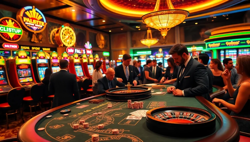 Engaging casino scene featuring tt88 poker action with vibrant lights and a roulette wheel.