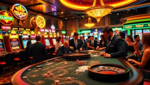Engaging casino scene featuring tt88 poker action with vibrant lights and a roulette wheel.