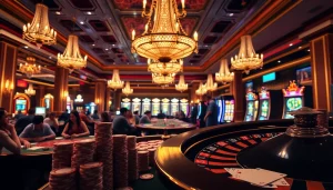 Players engaging intensely at poker tables, showcasing the excitement of gambling at https://go88.fast/ with vibrant casino visual elements.