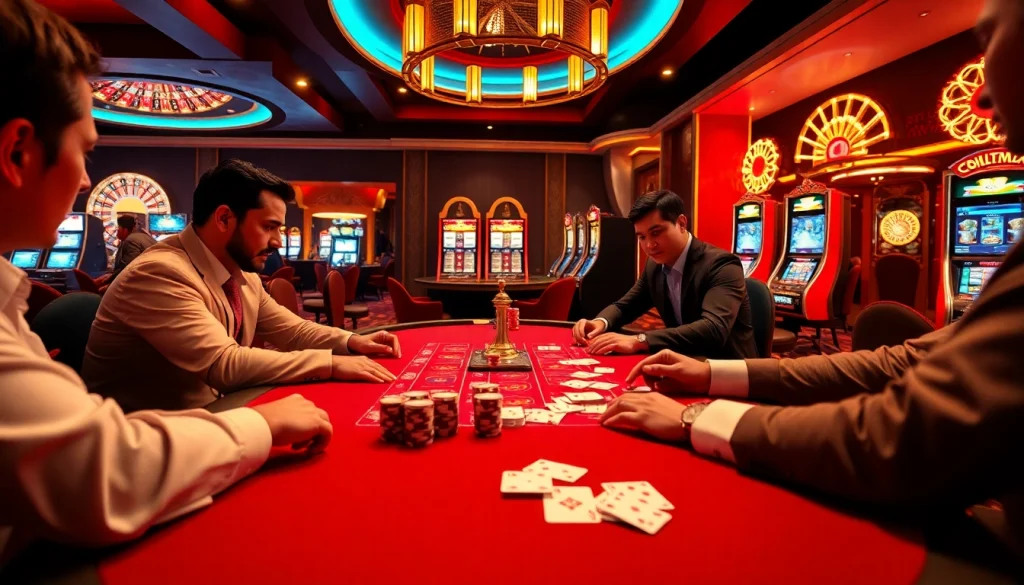 Casino players strategizing their moves at a high-stakes poker table at https://nohu90pa.com amid a luxurious backdrop.