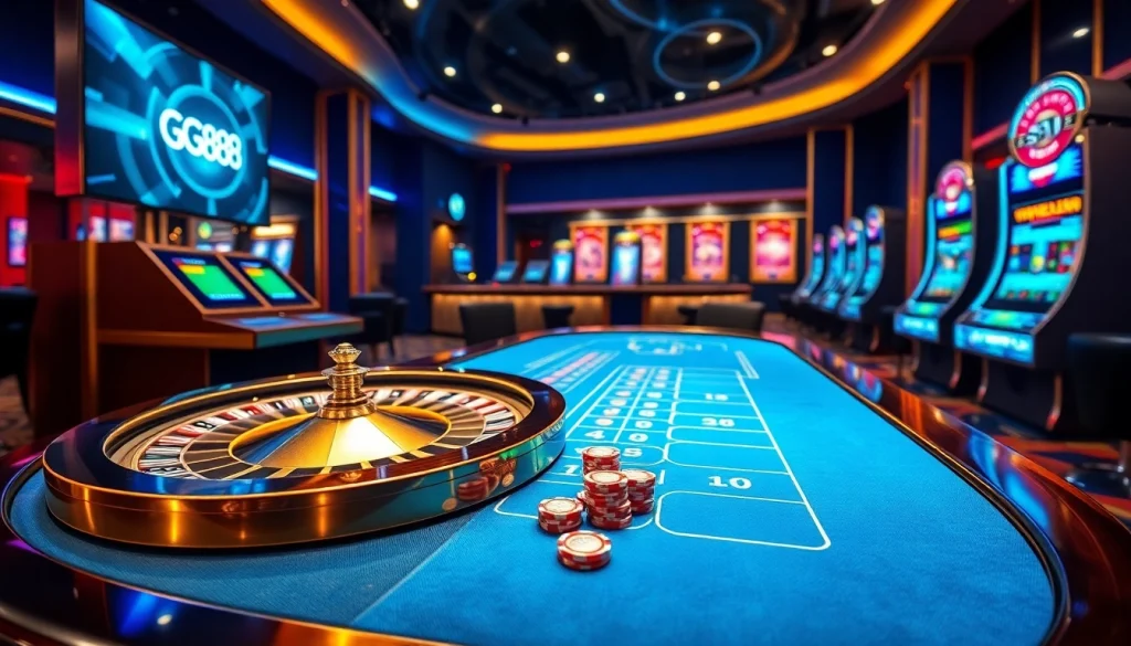 Experience the thrill of gg88 gambling with a vibrant casino scene featuring digital tables and slot machines.