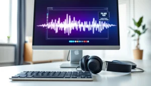 Generate lifelike audio using AI Voice software in a modern workspace setting.
