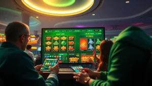 Exciting online gambling scene with ULAT 123 branding, featuring virtual slot games and jackpot displays.