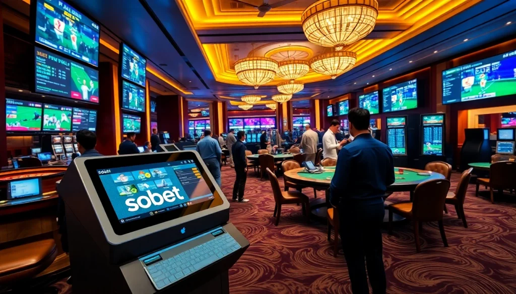 Engage in sbobet sports betting at a luxurious casino setting with vibrant screens.