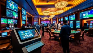 Engage in sbobet sports betting at a luxurious casino setting with vibrant screens.