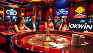 Engaging game scene at OKWIN casino with roulette and diverse players.