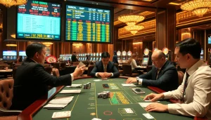 Tỷ lệ kèo displayed at a luxury casino table with betting slips and excited players.