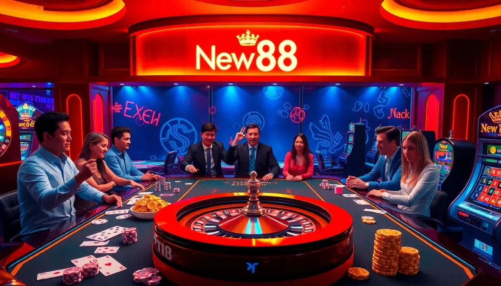 Exciting casino scene featuring New88bet.us with gamblers at roulette and poker tables.