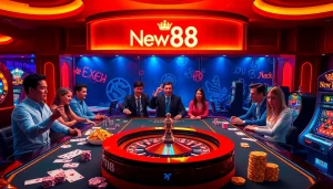 Exciting casino scene featuring New88bet.us with gamblers at roulette and poker tables.