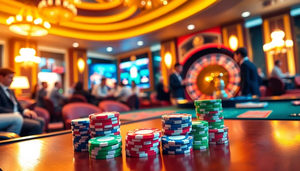 Experience thrilling แทงบอล action at a luxury casino with vibrant poker tables and exciting gameplay.