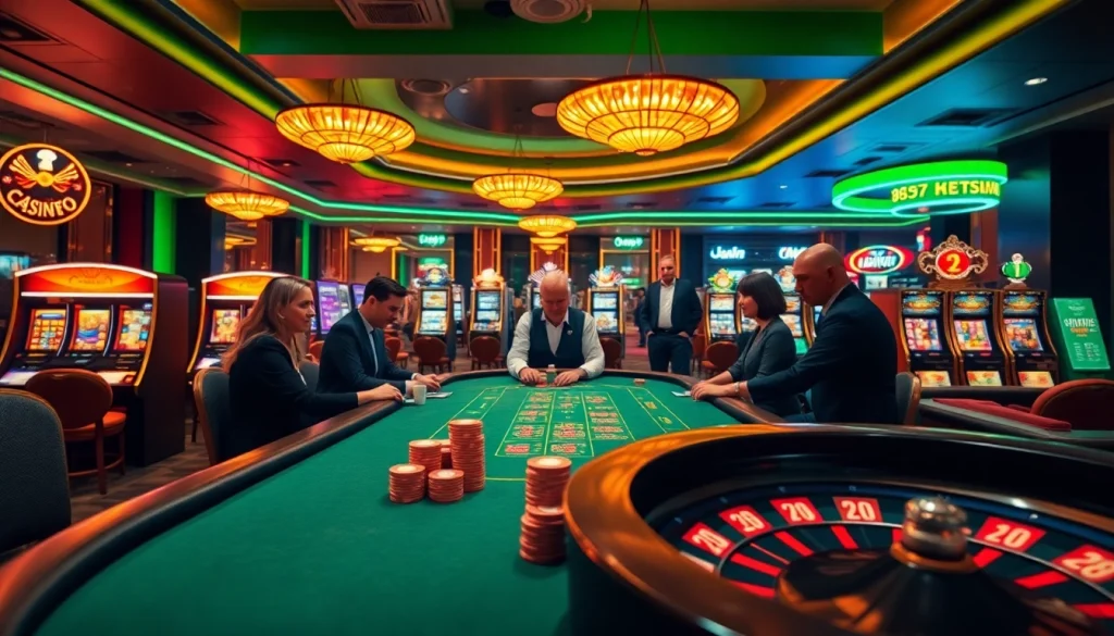 Players enjoying thrilling poker at k9k9 casino, surrounded by vibrant slot machines and poker chips.