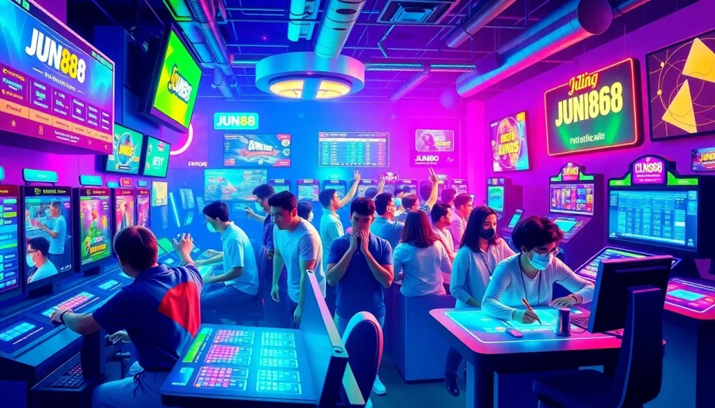 Exciting scene of diverse gamers enjoying online betting at https://jun88pl.com/ with vibrant colors and modern technology.