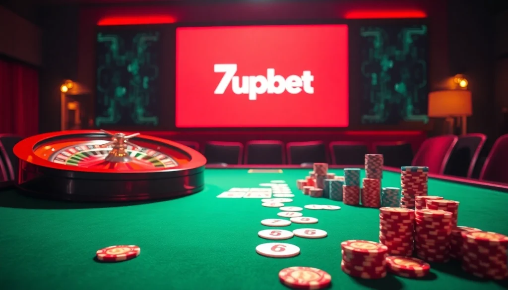 Engage with the thrilling experience of 7upbet at a luxurious casino table, featuring roulette and poker.