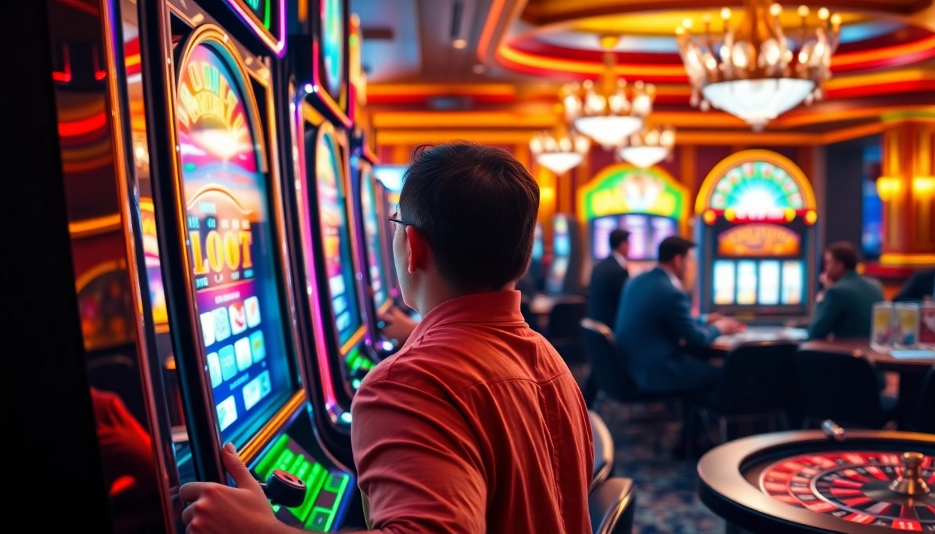 Pemain menikmati permainan situs slot di kasino yang ramai, menampilkan kegembiraan dan kemewahan.