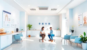 歓迎感のある雰囲気の中、矯正歯科治療を強調した矯正歯科クリニックの内装。