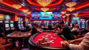 Experience the excitement at onicplay with players engaging in lively table games and vibrant slot machines.