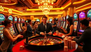 Players celebrating at k9k9 casino with roulette and slot machines, showcasing luxury and excitement.
