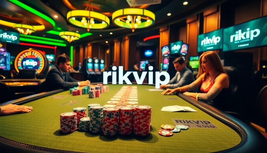 Players enjoying a thrilling poker game at a luxurious rikvip casino table with vibrant chips and cards.
