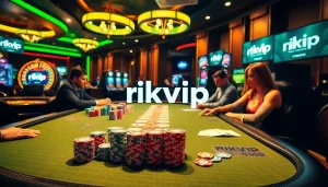 Players enjoying a thrilling poker game at a luxurious rikvip casino table with vibrant chips and cards.