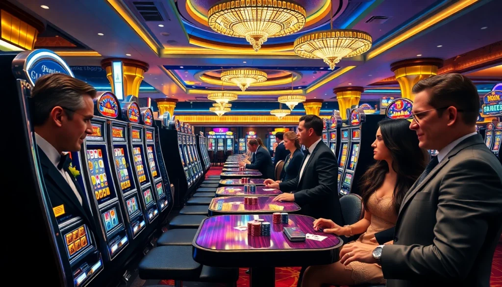 Exciting casino scene showcasing slot deposit 1000 options with vibrant gamblers and slot machines.