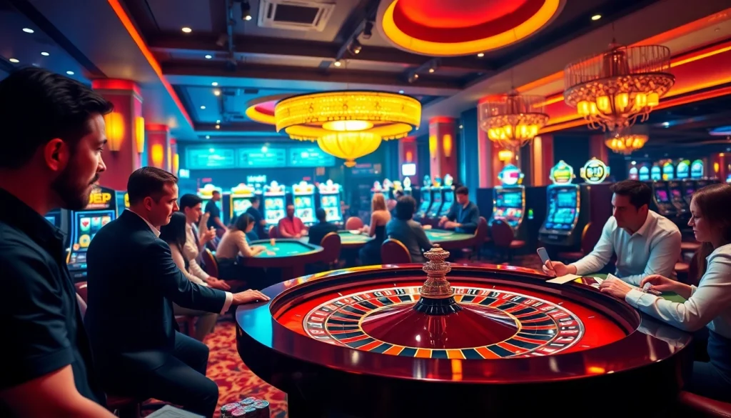 Betting action at a casino featuring depo 5k players at roulette and slot machines