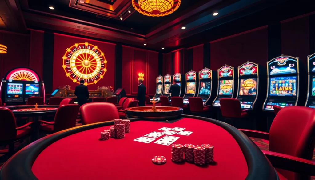 Experience the excitement of רמי אונליין at a luxurious casino table with polished chips and vibrant slot machines.