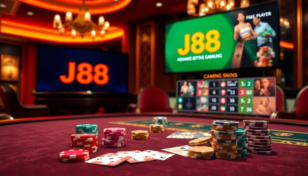Players enjoying a vibrant table game at a casino showcasing J88 promotions and a roulette wheel.