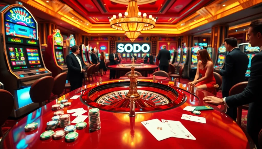 SODO Casino scene showcasing elegant tables, poker chips and a roulette wheel in action.