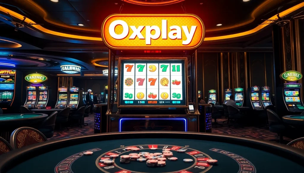 Players enjoying Oxplay casino slots amidst vibrant games and luxurious décor.