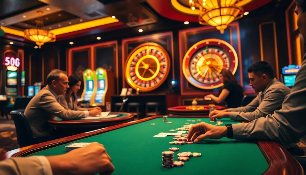 Experience daga trực tiếp excitement in a vibrant casino with poker players and roulette wheel.