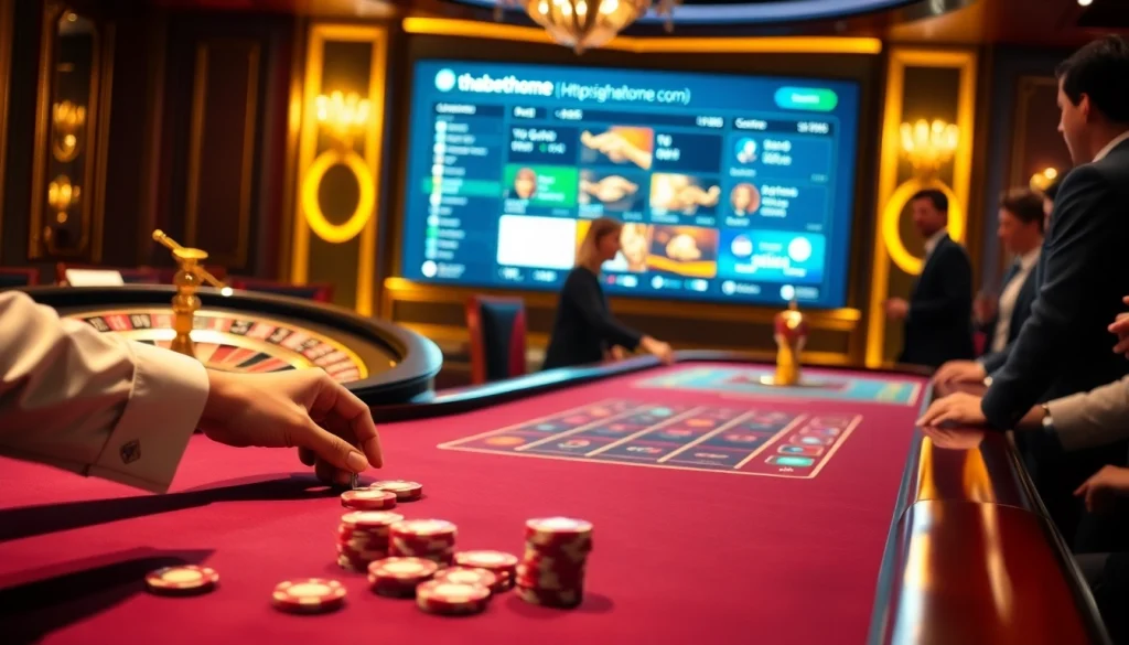 Players enjoying a thrilling game at https://thabethome.com/ casino, showcasing poker chips and cards.