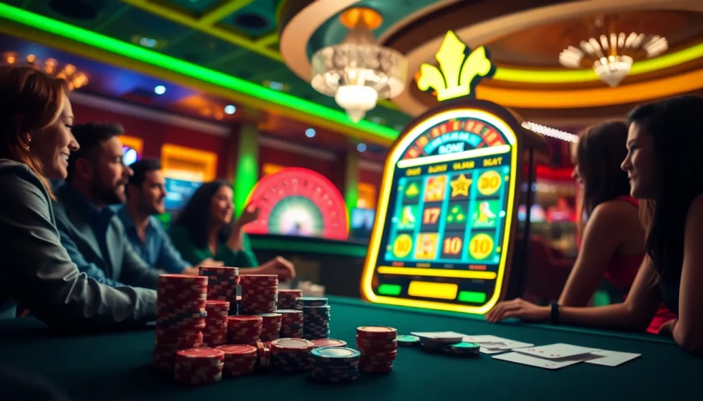 Players enjoying thrilling idn slot games amidst a vibrant casino atmosphere with bright lights.