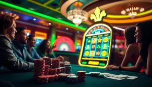 Players enjoying thrilling idn slot games amidst a vibrant casino atmosphere with bright lights.
