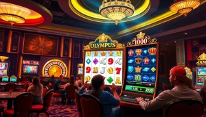 Putar mesin slot Olympus 1000 yang menampilkan Zeus dan simbol-simbol berwarna-warni dalam suasana kasino yang mendebarkan.