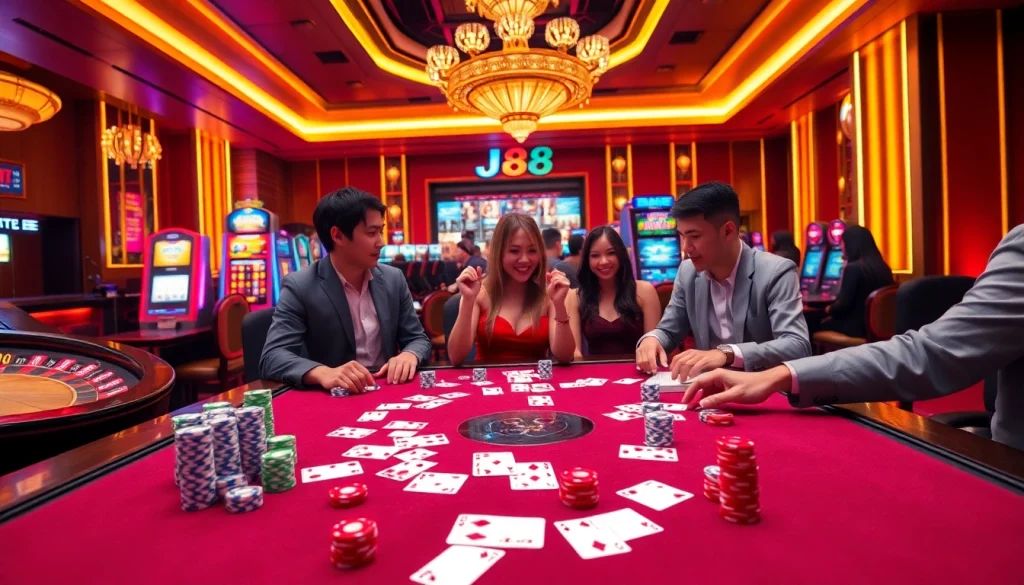 Experience exhilarating j88 gaming with vibrant casino tables and excited players enjoying the thrill.