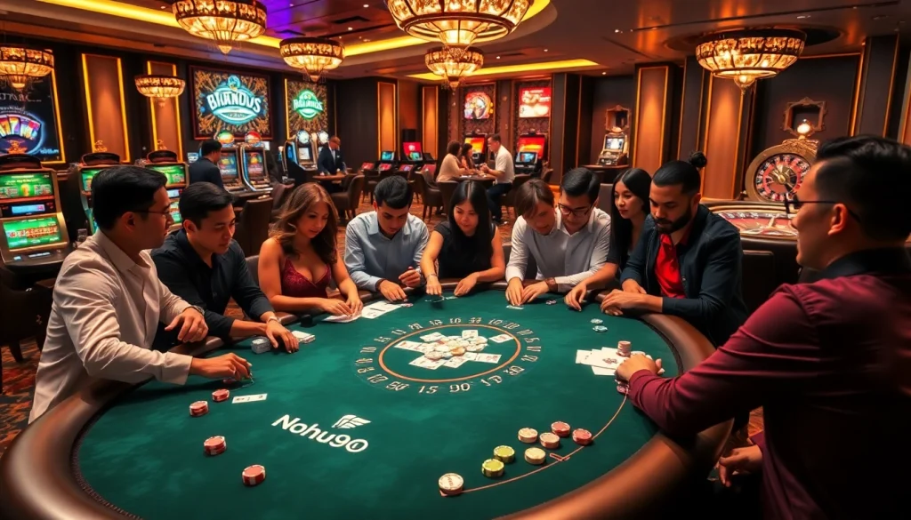 Nohu90 players enjoying an exciting poker game in a luxurious casino setting with vibrant colors and rich textures.