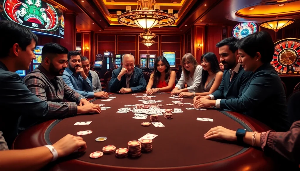Tobet88 poker night scene with players strategizing at a luxurious casino table.