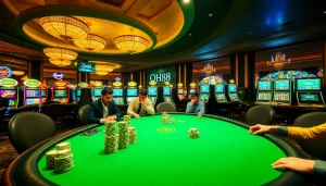 Intense poker game at QH88 casino table with professional players and vibrant atmosphere.